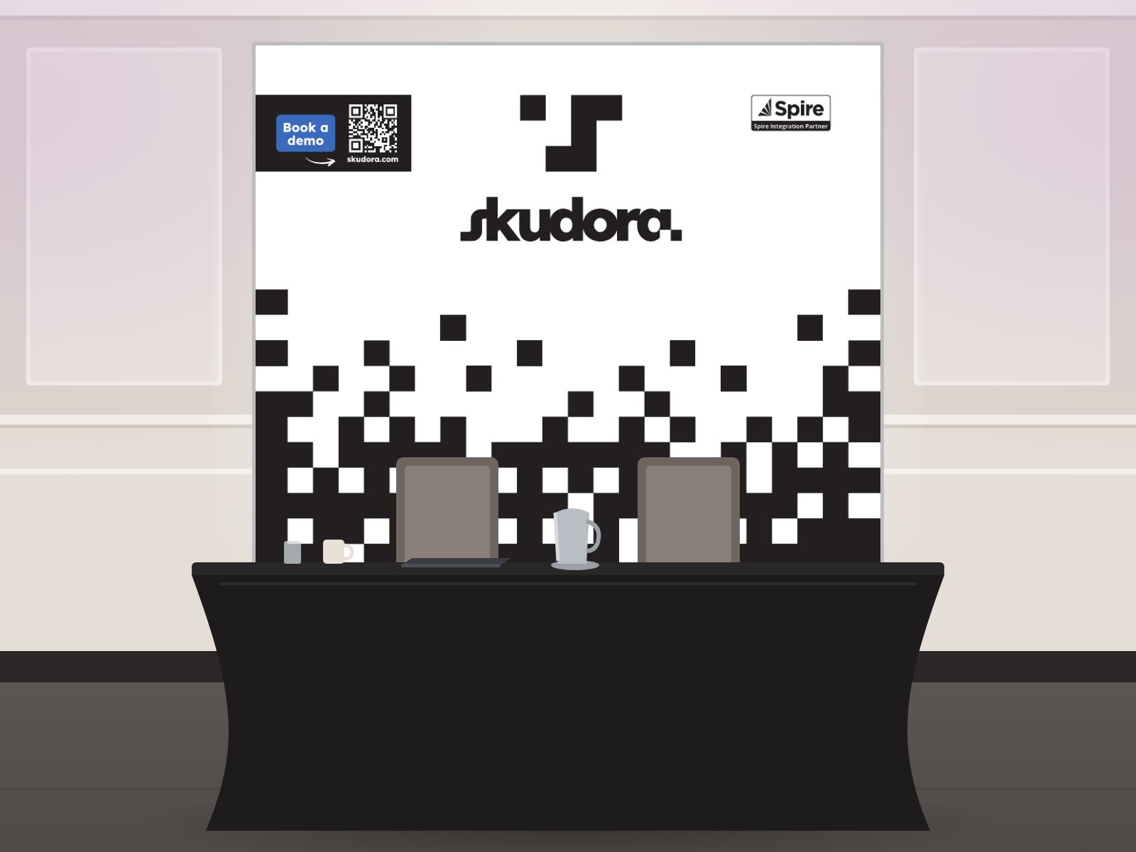 Illustration of the Skudora booth at a Spire Open House: the Skudora backdrop with a Book a demo QR code and the Spire Integration Partner badge, behind a draped table.