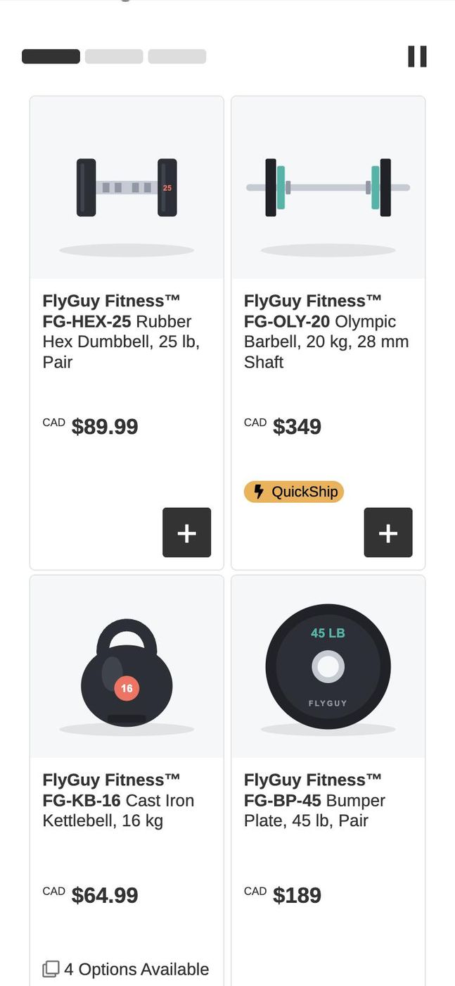 Product grid with QuickShip and Recently Sold badges on a phone