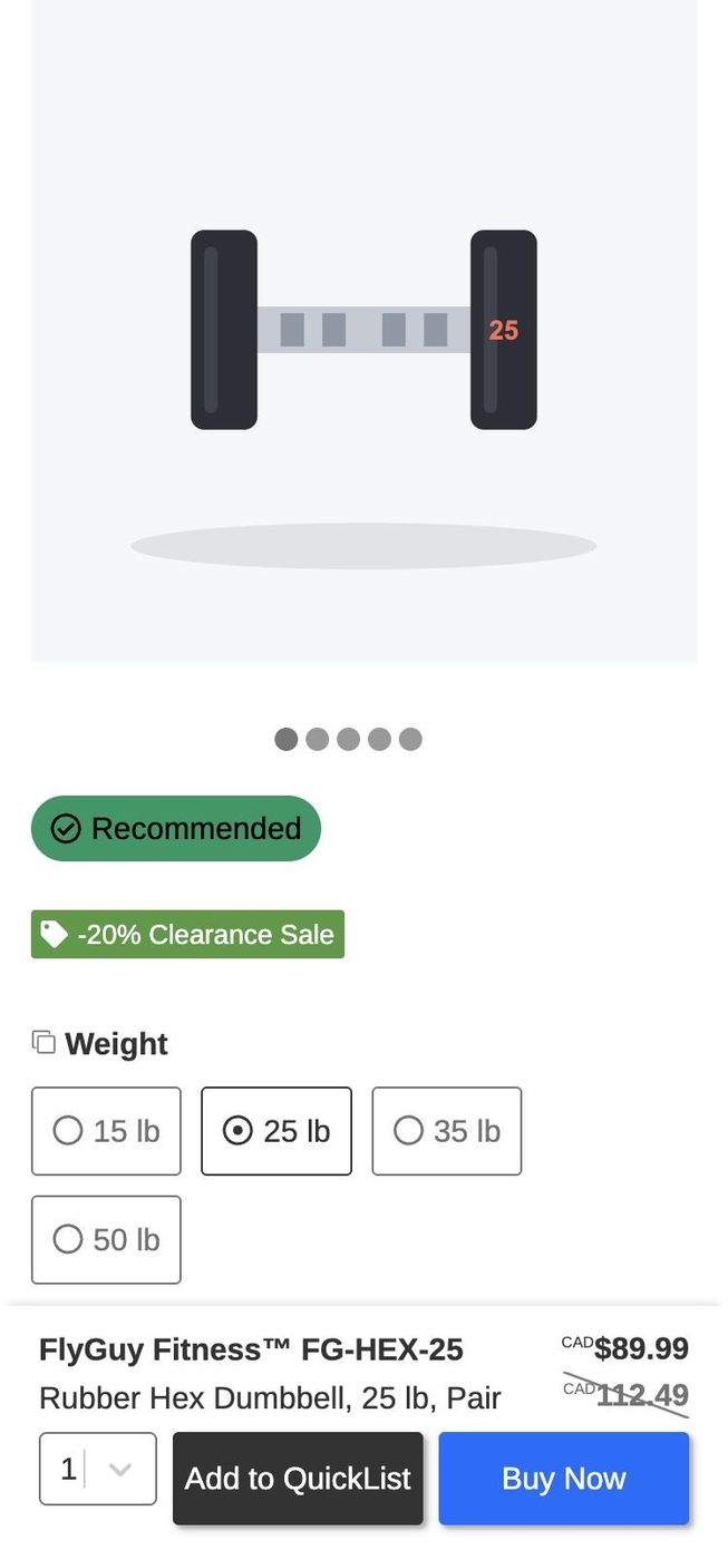 Product page with size options and inventory on a phone