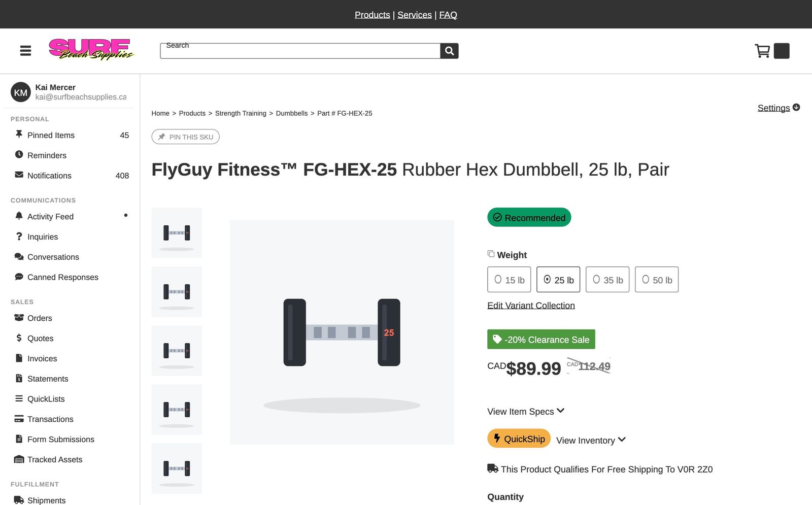 Admin tools shown on a live product page